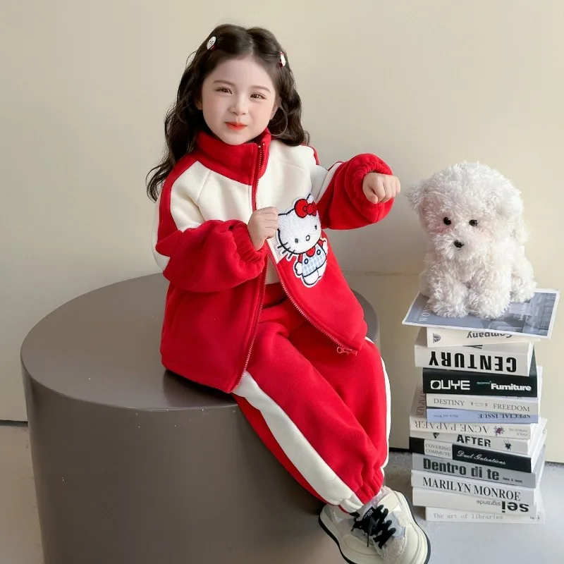 

Kawaii Hello Kitty Sanrio Children Cute Cartoon Plus Velvet Jacket Comfortable Warm Sportswear Trousers Hoodie Gift for Kids