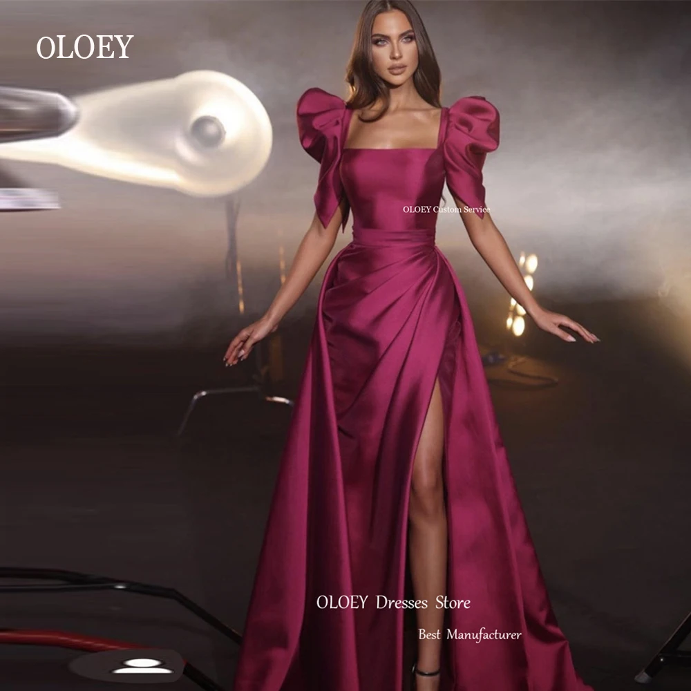 Oloey Vintage Satin 2023 Abendkleider abnehmbare Zug Puff kurze Ärmel quadratischen Hals Ballkleid Dubai arabische formelle Party