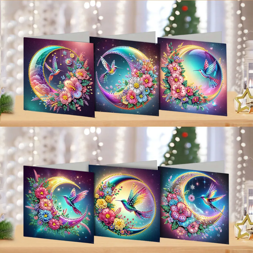 6-teiliges Set DIY Diamant-Kunst-Grußkarten mit Mond-Vogel-Muster, Handgefertigte Diamant-Kunst-Grußkarten, Geburtstagsgeschenk mit Botschaft