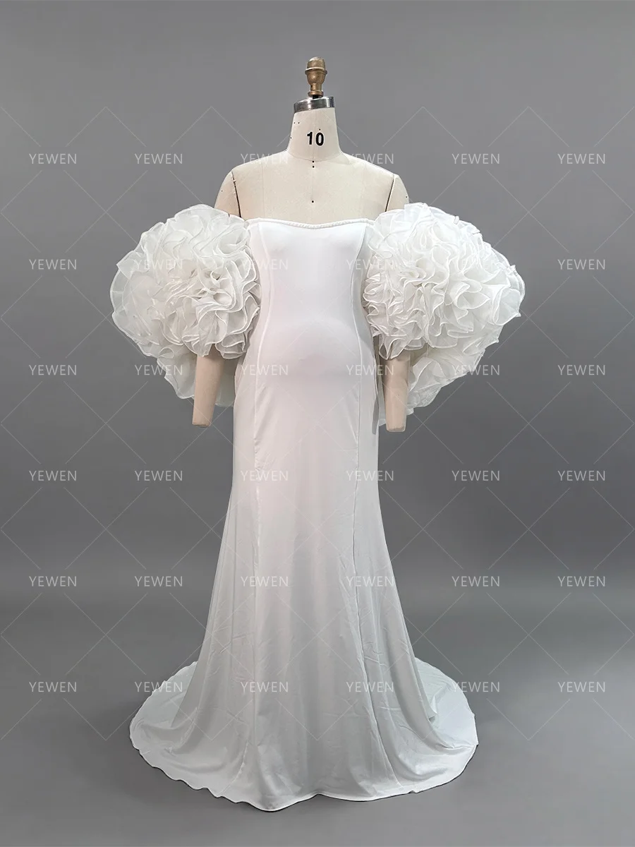 Elegant Maternity Dress White Strapless Ruffle Sleeve Photo Shoot Dresses Baby Shower Outfit for Pregnant Ladies YW2026030301D