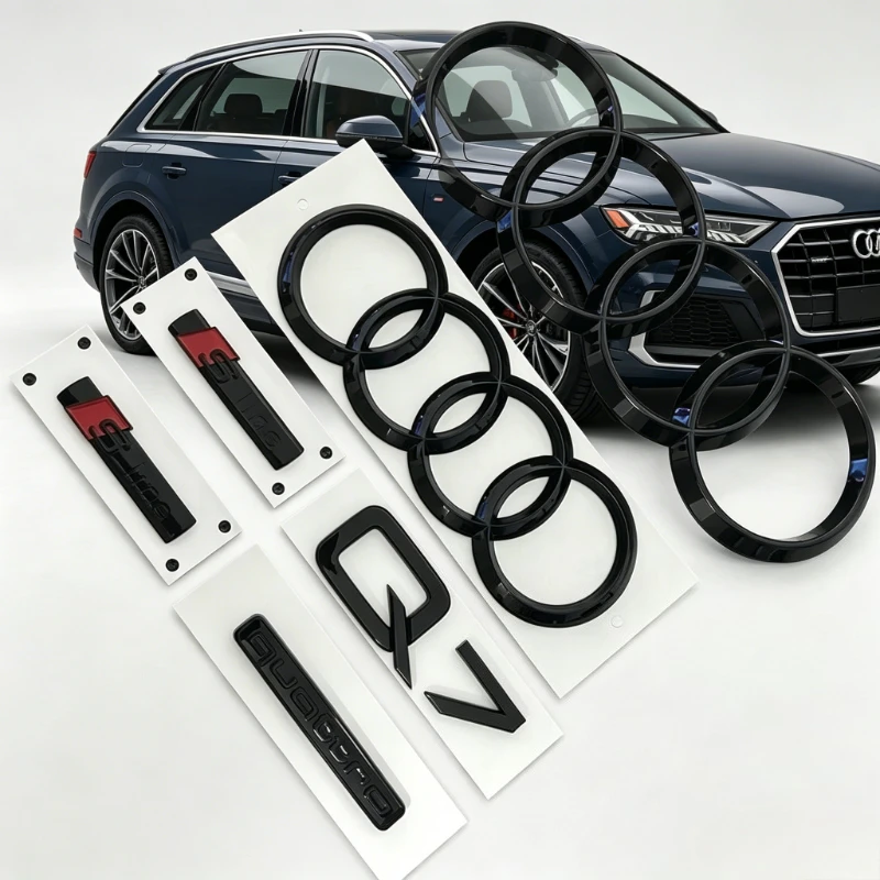 Image of Frontgrill-Emblem Heckklappen-Abzeichen Aufkleber 1P Q7 1P Quattro 2P Sline für AUDI Q7 2016-2023 1/5 Stück 4-Ring-Logo ABS Schwarz Auto-Motorhaube