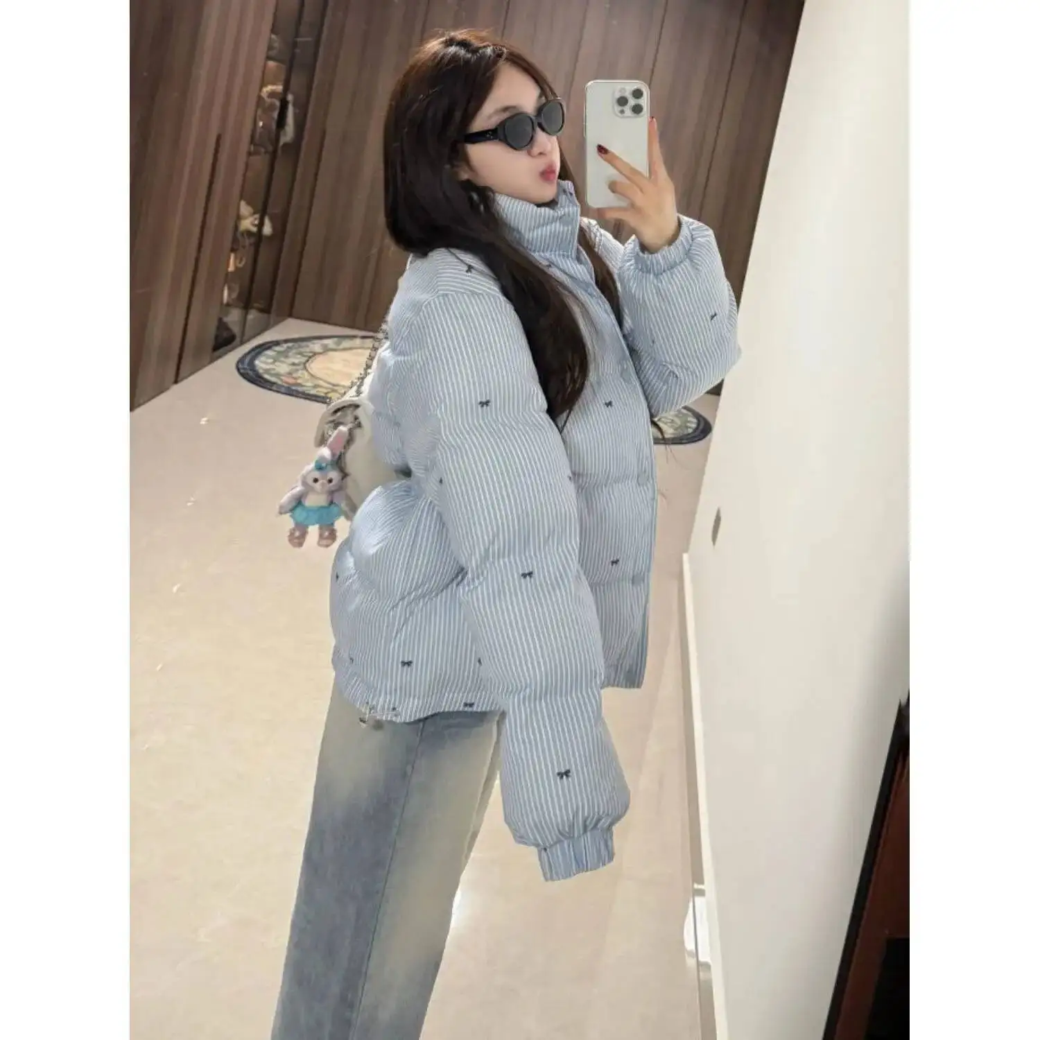 الكورية نمط الحلو بارد مخطط فراشة عقدة طباعة سميكة سترة قطن المرأة شتاء موضة جديدة ملابس خارجية دافئة #5