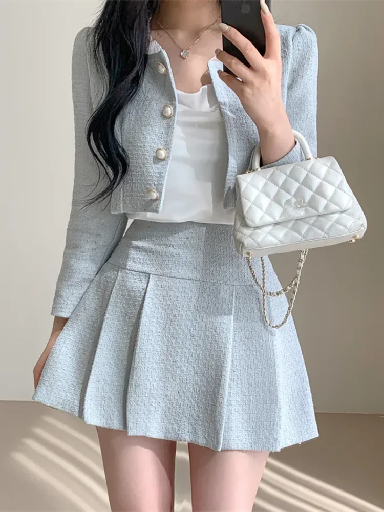 Two Piece Set for Women Autumn Korean Fashion Pleated Mini Skirt Suits Sweet Lace Trim Short Coat Sets Vintage Tweed 2 Piece Set