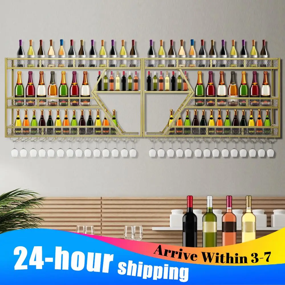 

Metal Wine Bottles Storage Display Storage Shelf with Wine Glass Holder Liquor Bottles Floating Shelves for Home & Living Room