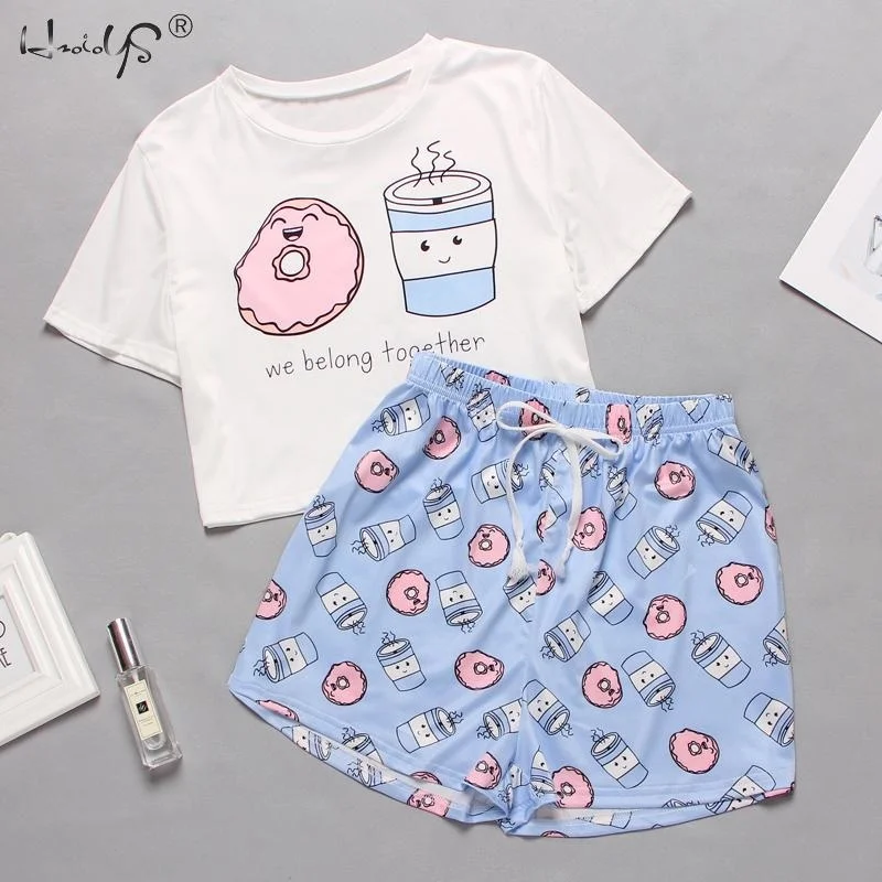 Ropa de dormir para mujer, conjunto corto con estampado de dibujos animados, pijamas para mujer, conjunto de Pijama dulce, camisetas y pantalones cortos de manga corta, Pijama de verano