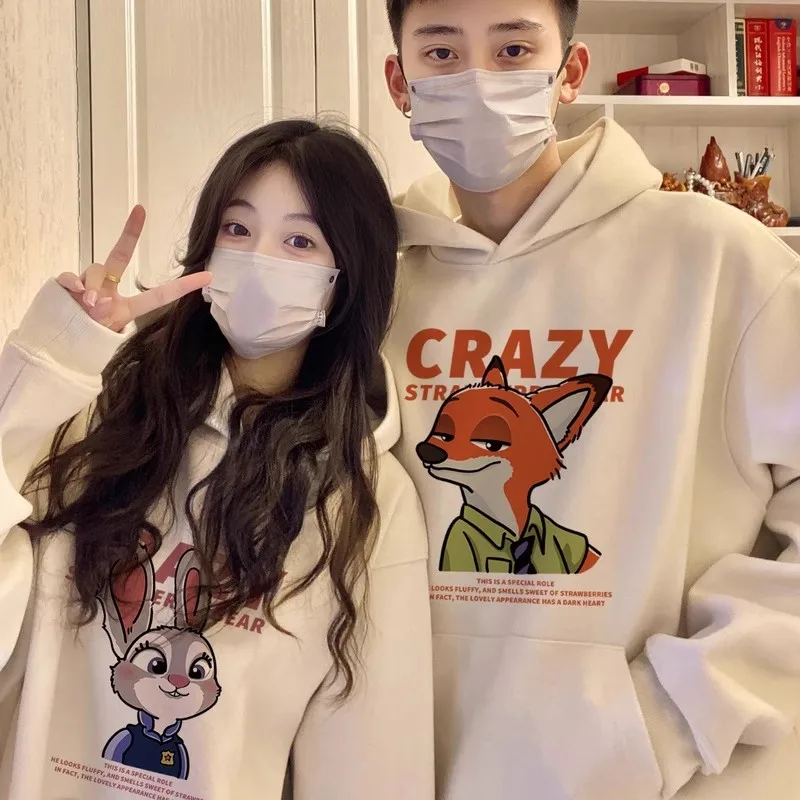 

Толстовка для пар с длинными рукавами и шляпой, толстовка с круглым вырезом для пар, толстовка с капюшоном в стиле аниме Zootopia, повседневный свободный топ для пар
