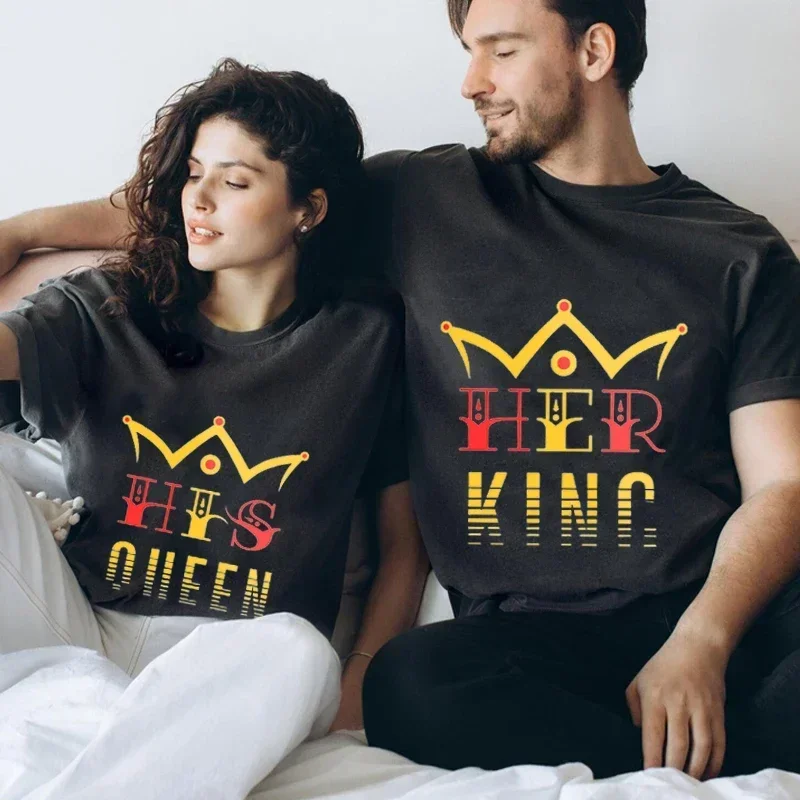 New His Queen Her King Lovers T Shirt Crown Print Graphic T Shirts Woman Man Tee Shirt Harajuku Couples Matching Top Tees Y2k