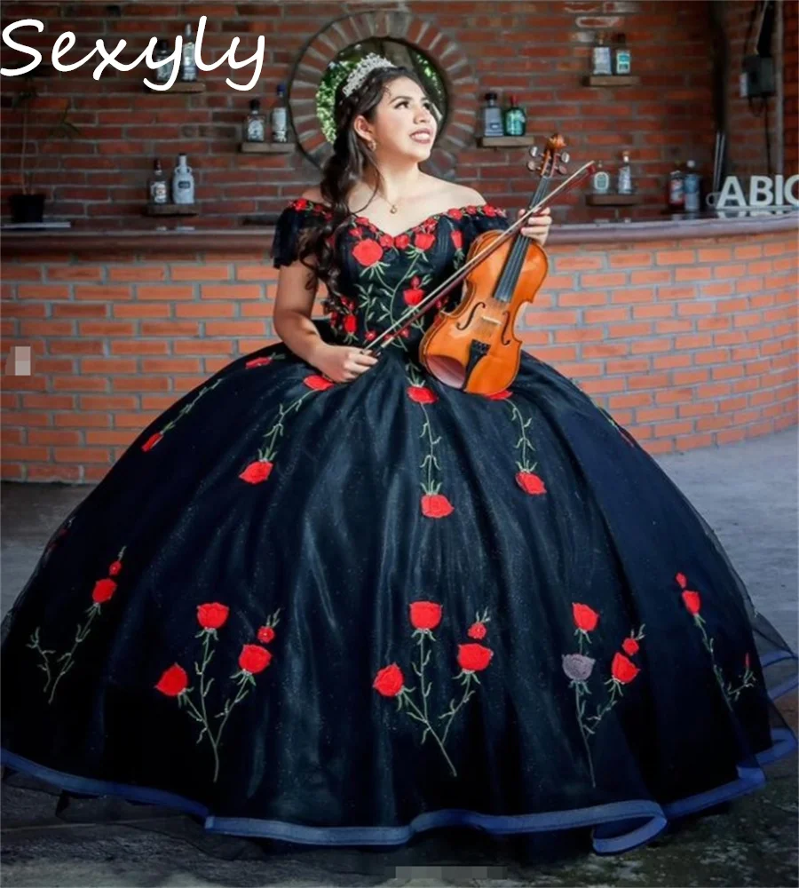 

Customized Black Charro Mexican Quinceanera Dress Off Shoulders Rose Embroidery Debutante Vestido De 15 Xv Años Puffy Gothic