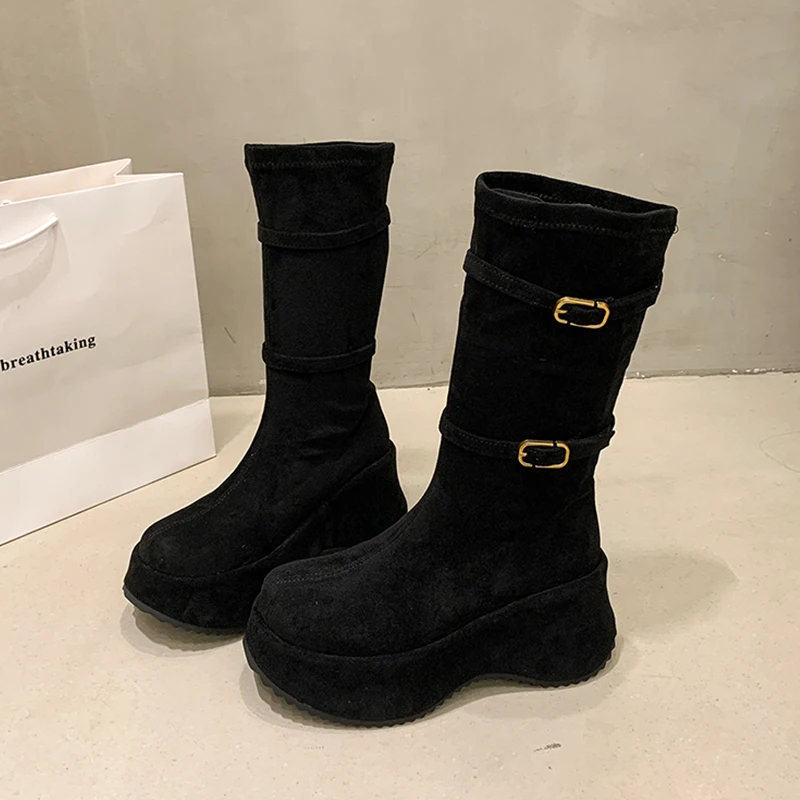 منصة منتصف العجل أحذية للنساء الشتاء أحذية مسطحة موضة حذاء رياضي 2025 مصمم القوطي تشيلسي أحذية المشي Zapatos سيدة