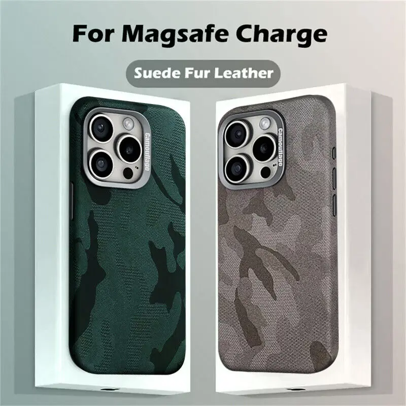 

Camouflage Leather Magnetic For MagSafe Phone Case For iPhone 15 14 13 12 Pro Max Wireless Charging Shockproof Hard Back Cover
