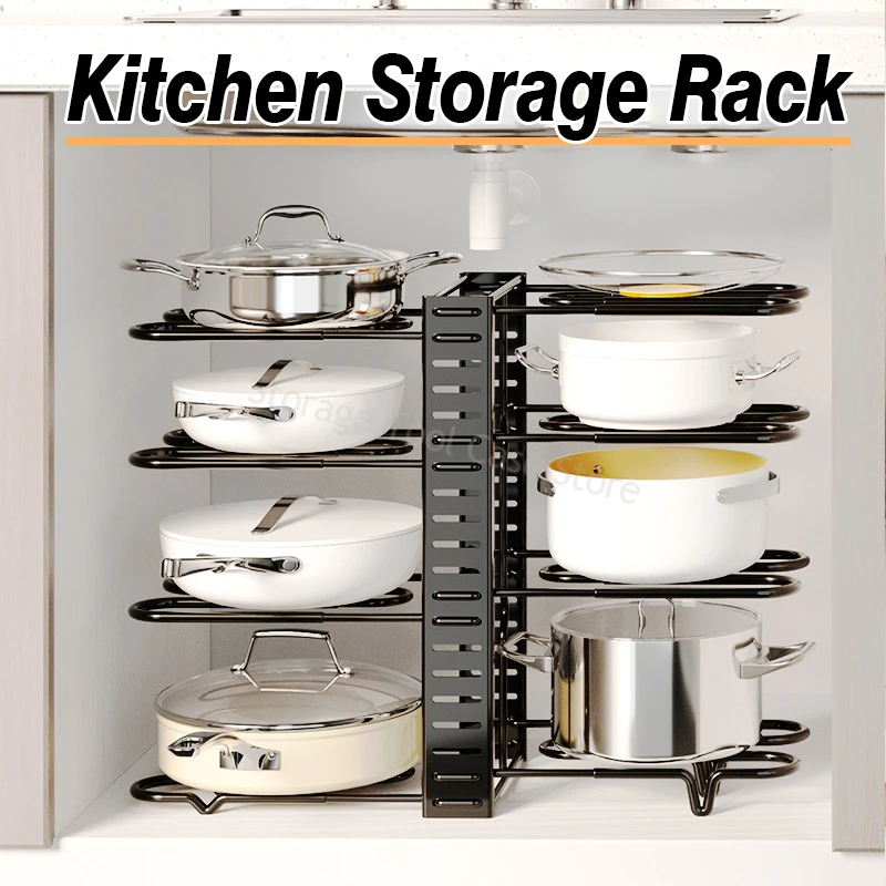 

5/8 Tiers Pan Pot Organizer Rack Adjustable Kitchen Sink Cabinet Pantry Pots Lids Storage Rack Kitchen Organization Metal Shelf