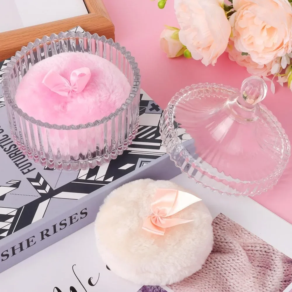 3PCS Makeup Organizer Set Velvet Powder Puff with Glass Storage Box Reusable Washable Beauty Tool Complete Christmas Gift
