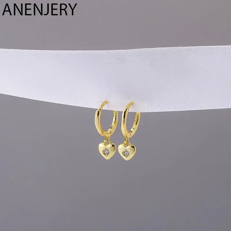 ANENJERY Silver Color Love Heart Pendant Hoop Earrings For Women Simple Daily Micro Zircon Ear Buckle Jewelry All-Match