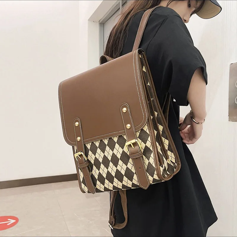 Korean Style Women\'s Backpack Fashion PU Leather Large Capacity Female Backpack sac a dos femme Luxury Lattice School Bag 2023