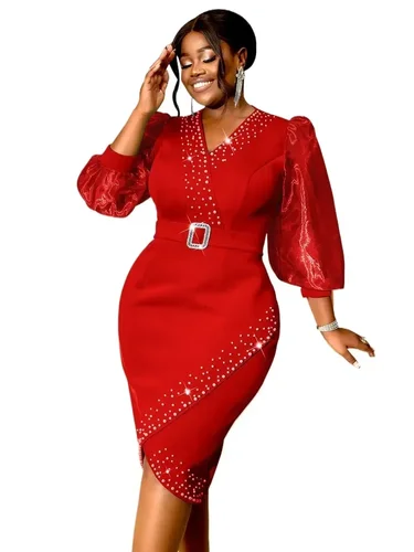 Vestido de noche rojo de lujo con cuello en V, cinturón de cuentas, linterna de malla, manga larga, Sexy, para fiesta, oficina, vestidos de invitados de boda para mujer