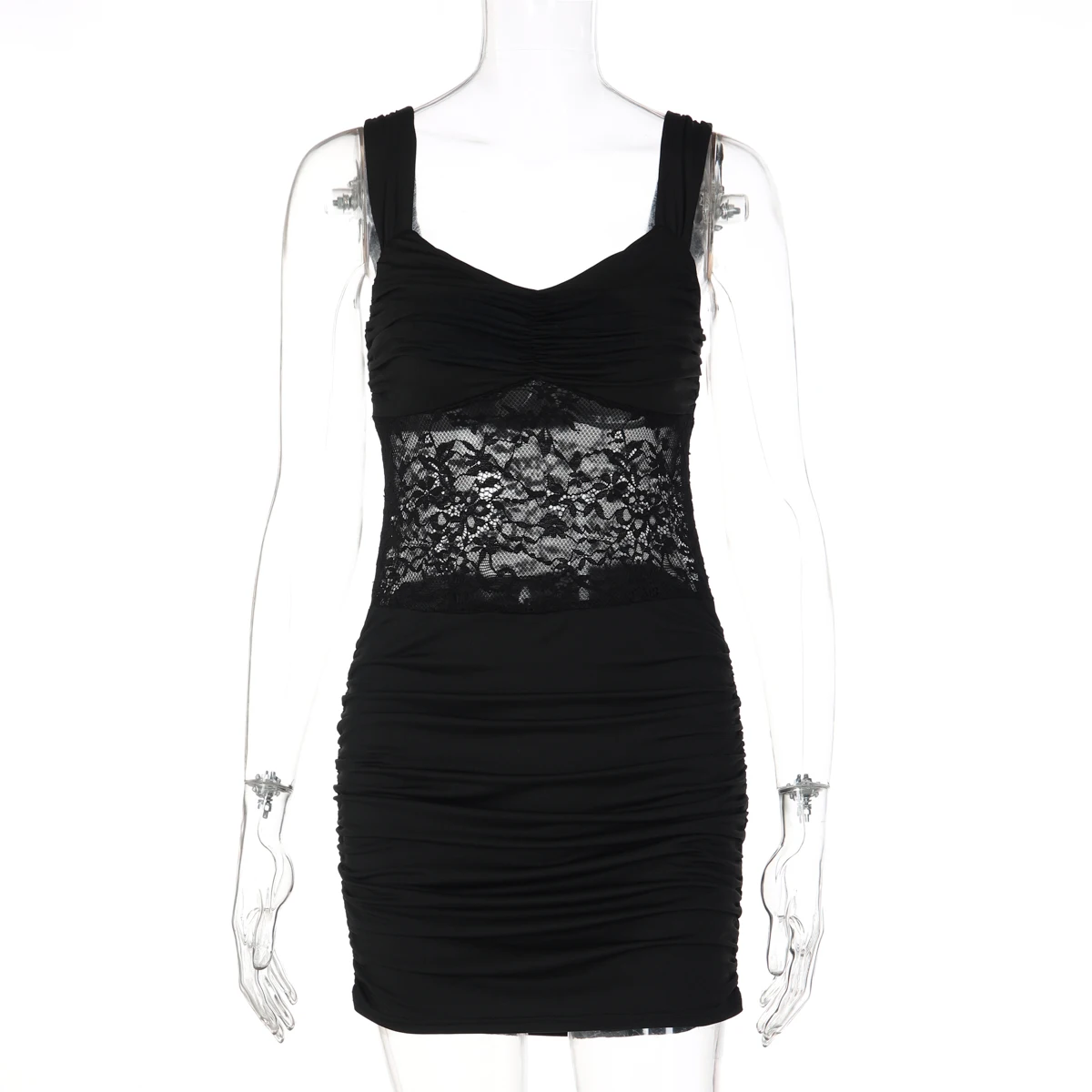 Hugcitar Women'S Fashion Square Collar Solid Straps Patchwork Lace Ruched Sexy Mini Dress Summer Outfit Party Night Club