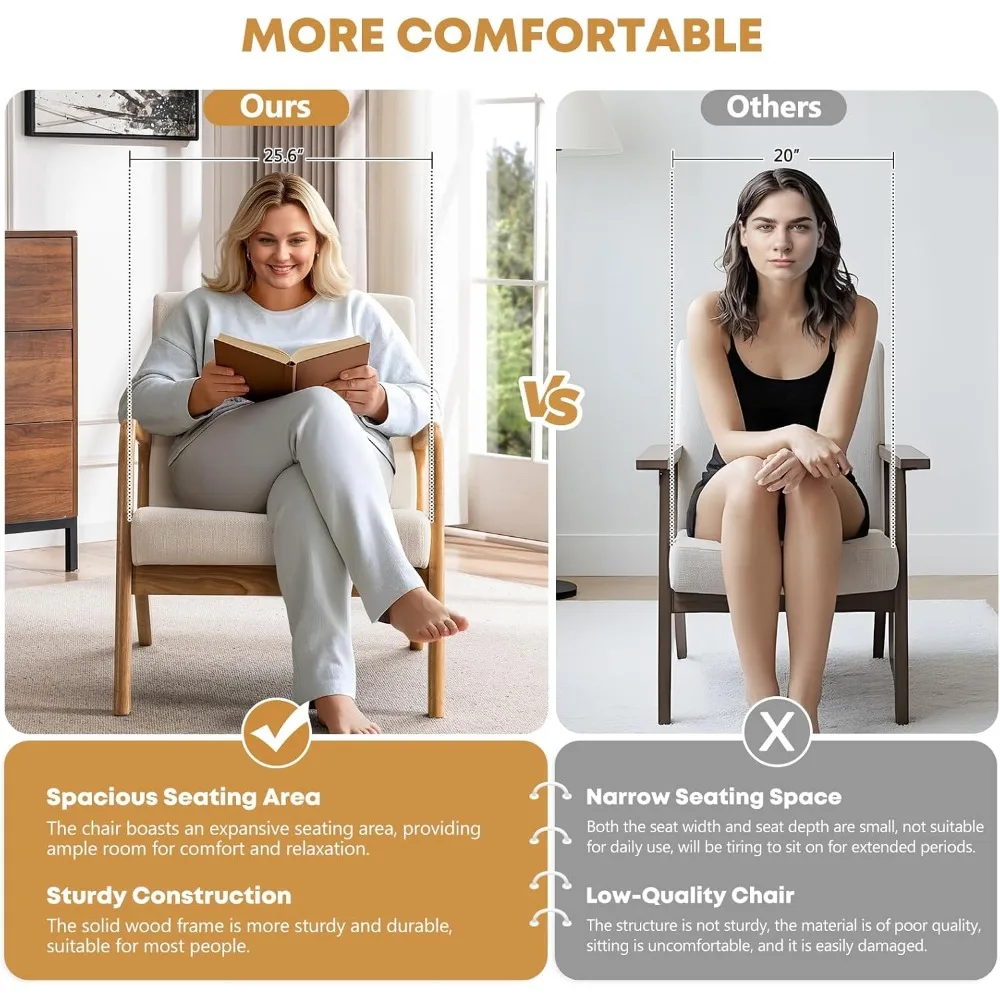 Mid-Century Modern Accent Chair with Lumbar Pillow,Upholstered Armchair,Linen Fabric Comfy Reading Chair, Lounge Side C