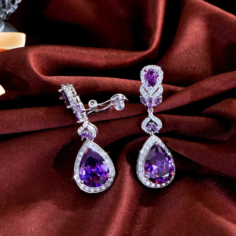 CWWZircons Bezaubernder lila Wassertropfen-Ohrclip mit Zirkonia-Besatz, Ohrringe ohne Ohrloch für Damen, Abendparty-Schmuck EJ0045 – Detail 5