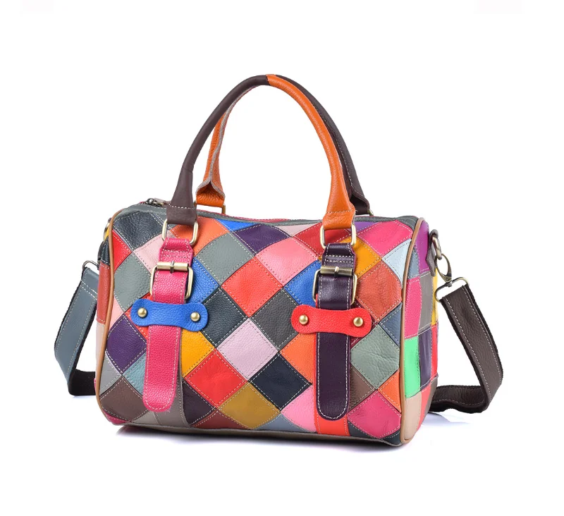 Hot Genuine Leather Women Handbag Fashion Plaid Colorful Patchwork Ladies Boston Bags Women Pillow Bag Bolsos sac a main