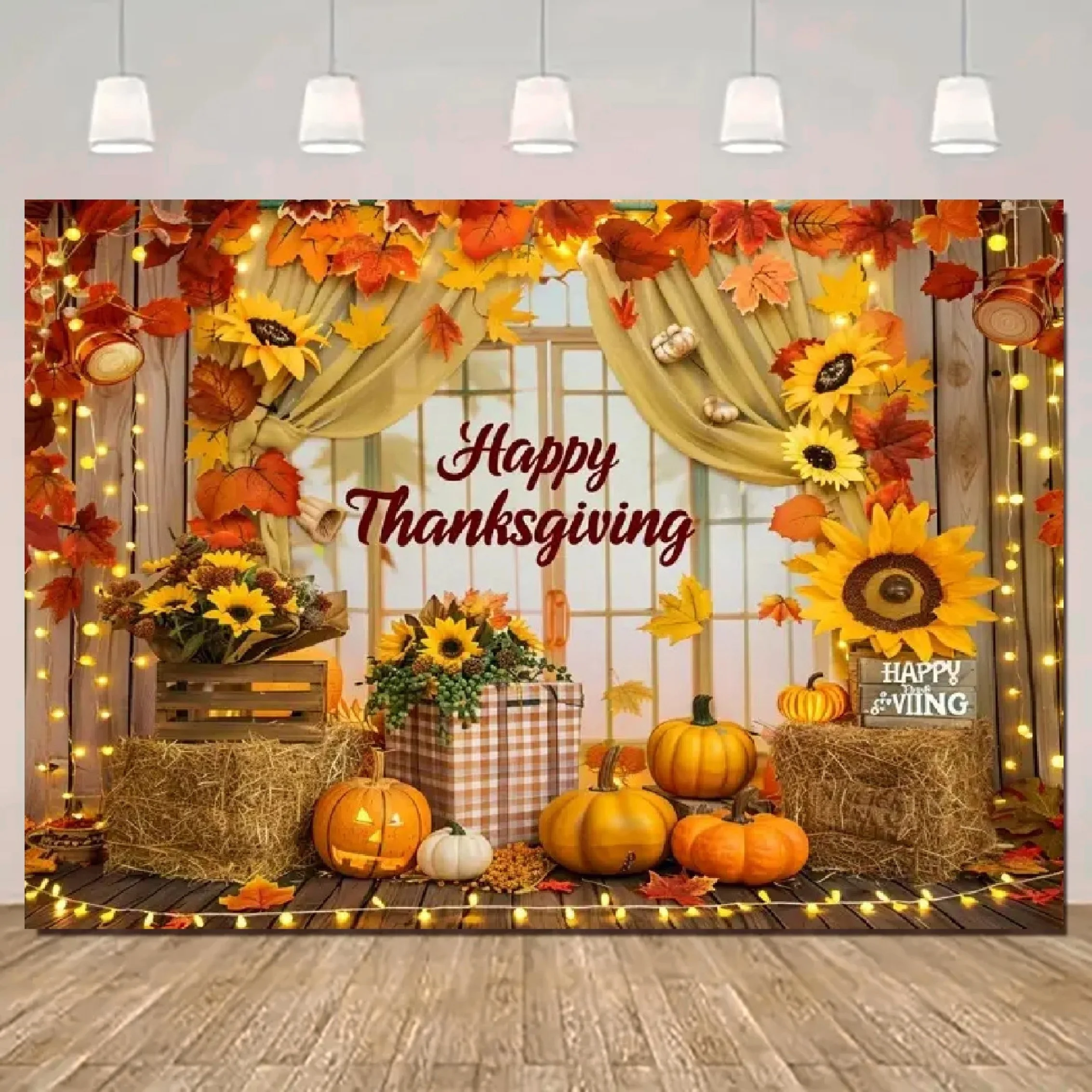 Happy Autumn Thanksgiving Polyester-Hintergrundstoff – Landbraunes Holz und Sonnenblumen-Design, Partydekoration