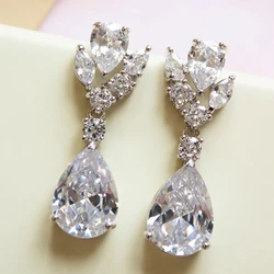 Huitan Luxury Wedding Party Drop Earrings for Women Bright Cubic Zirconia Pendant Accessories for Engagement Bridal Jewelry