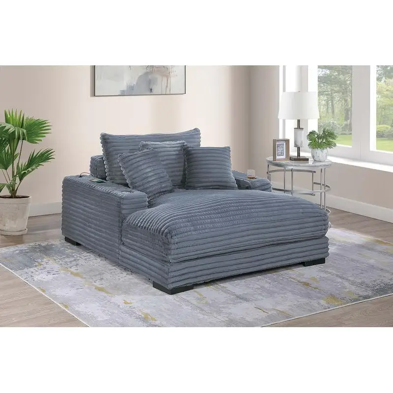 

Modern Chaise Lounge with Cup Holders and USB Ports, Gray Corduroy Sofa with Wooden Legs and Plush Pillows