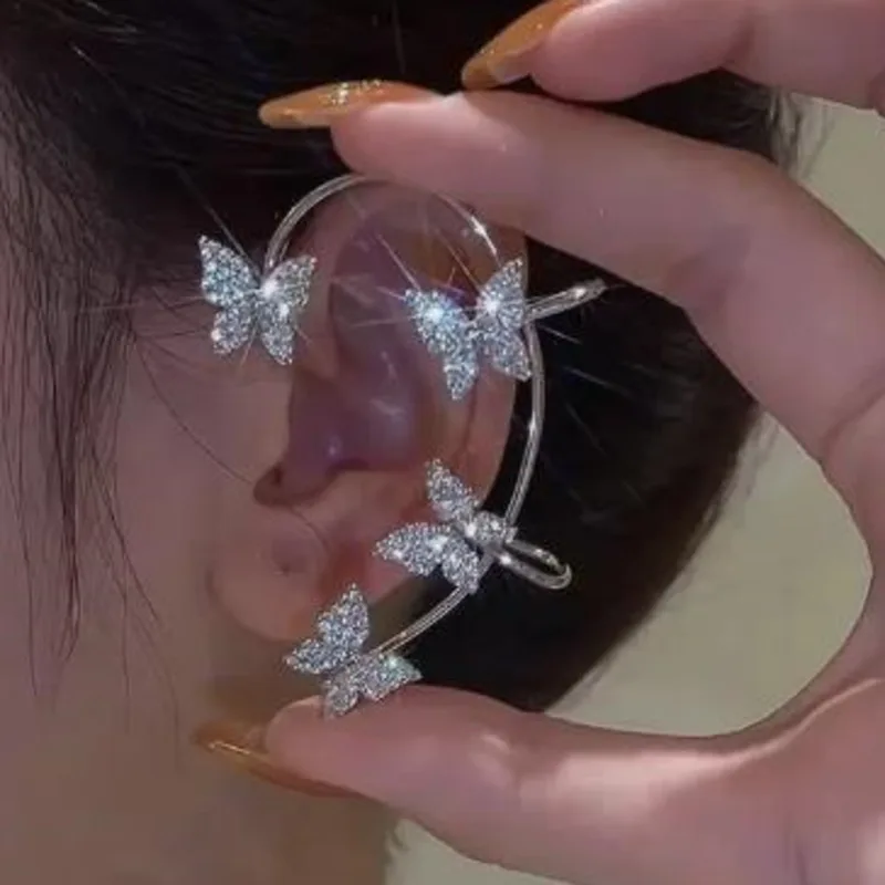 Silver Plated Metal Leaf Butterfly Clip Earrings for Women Ear Clips Without Piercing Sparkling Zircon Ear Cuff Fashion Jewelry