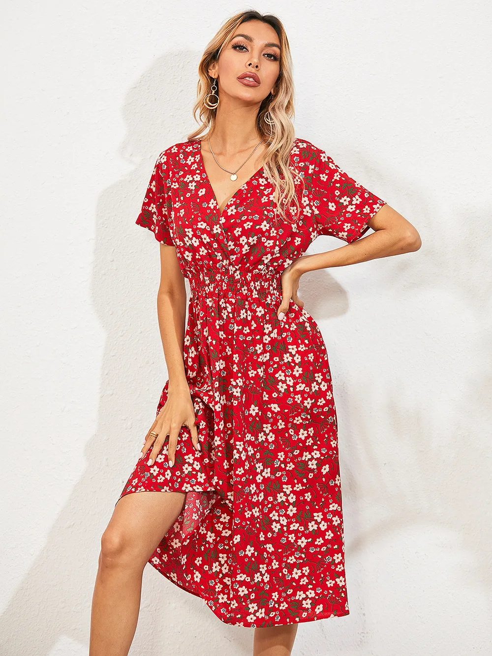 Chiffon Dress Summer Dress 2023 Retro Yellow Red Floral Print Female Casual V-neck Short-sleeved A-line Beach Long Robe Dress