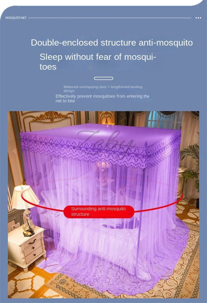 Romantic Lace Pleated Mosquito Net Embroidery Breathable Square Queen Double Bed Net Canopy Not Included Stainless Steel Bracket