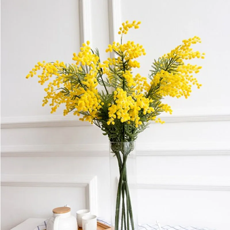 86ซม.3ฟอร์กประดิษฐ์ Acacia สีเหลือง Mimosa Plush Pudica สเปรย์เชอร์รี่ปลอมดอกไม้ผ้าไหมงานแต่งงาน Party Decor Red Bean พืช