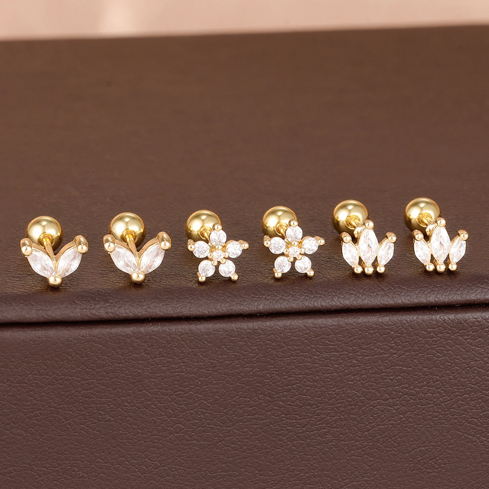6-teiliges Luxus-Ohrring-Set aus Edelstahl mit Krone für Damen, modische Zirkon-Blumen-Ohrstecker, schlichter ästhetischer Schmuck, Aretes – Detail 5