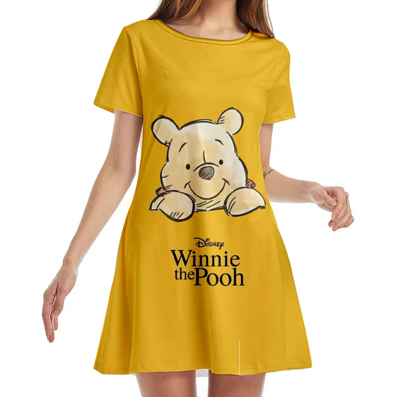 Disney Winnie the Pooh and Mickey Minnie Anime Casual Boho Beach Women Crew Neck Party Summer Short Sleeve Loose Mini Dress