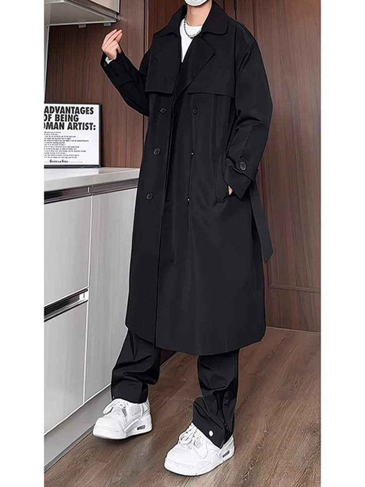 Elegant Double-Row Button Men's Overcoat Jacket Knee-Length Trendy Black Krusovets Civilian Coat Medium-Length Autumn Spring