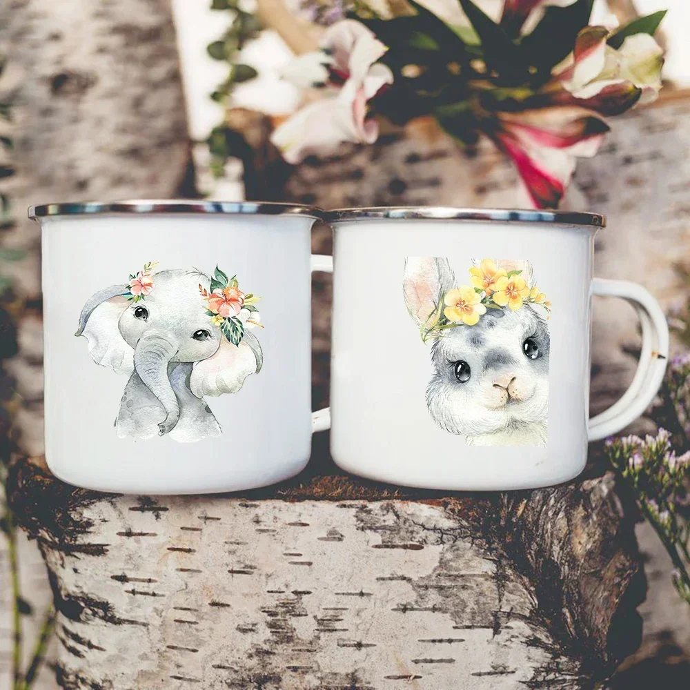 Cute Animal Lion Kids Mug Cartoon Elephant Rabbit Print Coffee Water Mugs Camping Picnic Party Beer Cola Enamel Cups Baby Gifts