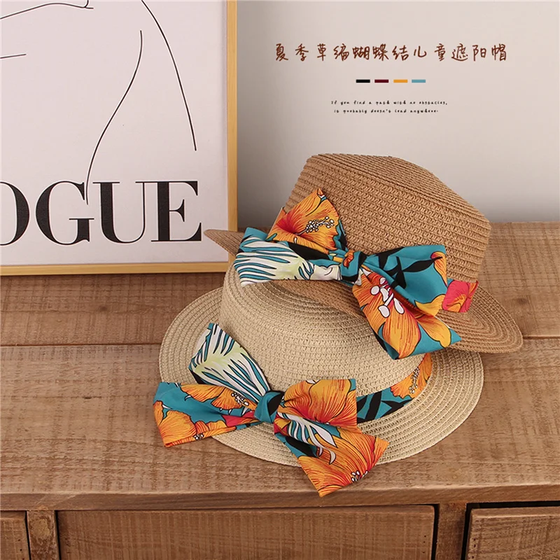 Children Straw Hat Boho Print Bowknot Sun Protection Fisherman Cap Kids Girls Sunshade Sunscreen Basin Hats for 2-8Years