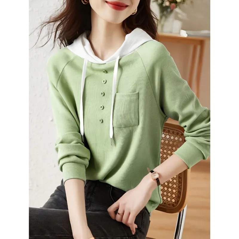 Spring Autumn Women Korean Fashion Contrast Color Patchwork Hooded Sweatshirts Simple Long Sleeve Loose Cotton Pullover Hoodies