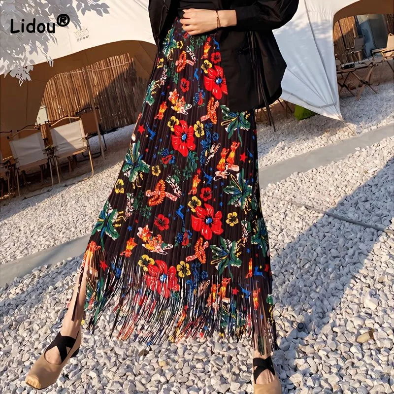 

Temperament Lady Fashion Printed Tassel Pleated Skirt Korean Vintage Elastic High Waist Bag Hip Skirts Summer Women's Clothing