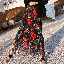 Temperament Lady Fashion Printed Tassel Pleated Skirt Korean Vintage Elastic High Waist Bag Hip Skirts Summer Women's Clothing