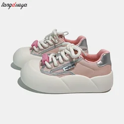 Pink Women Vulcanized Shoes Chunky Sneakers Women Flats New Design Sport Shoes Lace Up Women Shoes Fashion Walking Sneakers 2024