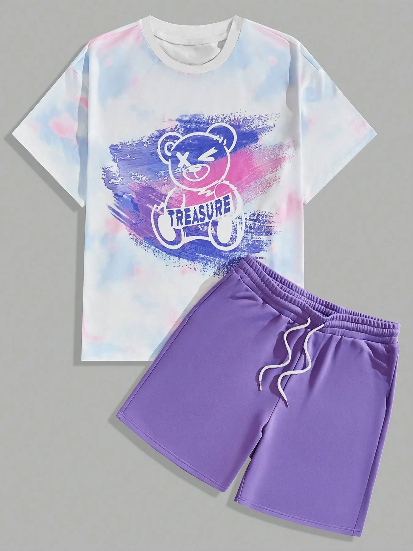 

Men's Casual 2-Piece Set Quick-Dry Breathable Graffiti Bear Print T-Shirt & Drawstring Pocket Shorts for Home Office Workout