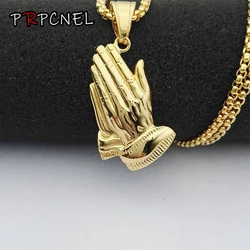 Hip Hop Iced Out Bling Praying Hands Men Stainless steel Pendants Necklaces Gold Color Big Prayer Jesus Necklace Jewelry