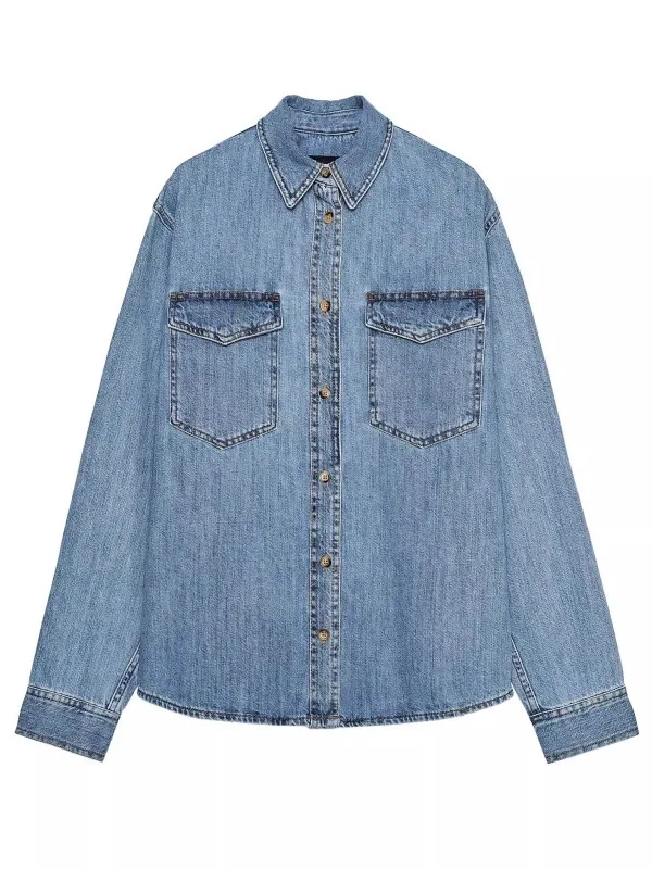 

Весна 202, свободный крой, длинный воротник-свеч, джинсовый однотонный женский повседневный универсальный хлопок, китайское производство, обычные Thi...