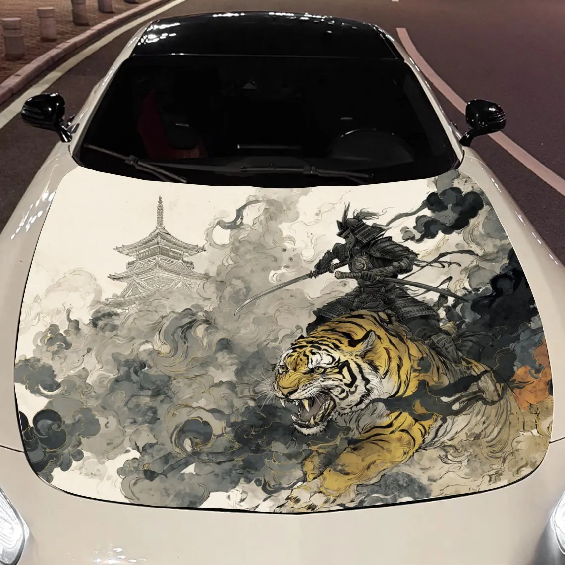 Samurai Riding Tiger Forward Car Vinyl Wrap, PVC Material Waterproof Car Hood Sticker, Self-Adhesive Scratch-Resistant Stickers