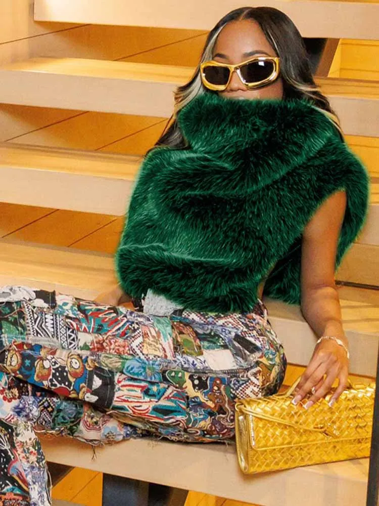 NEW BKQU Winter Faux Fox Fur Women Tank Tops Chic Turtleneck Warm Fashion Plush Coats Midnight Hipster Y2k Fluffy Vest Jacket 20