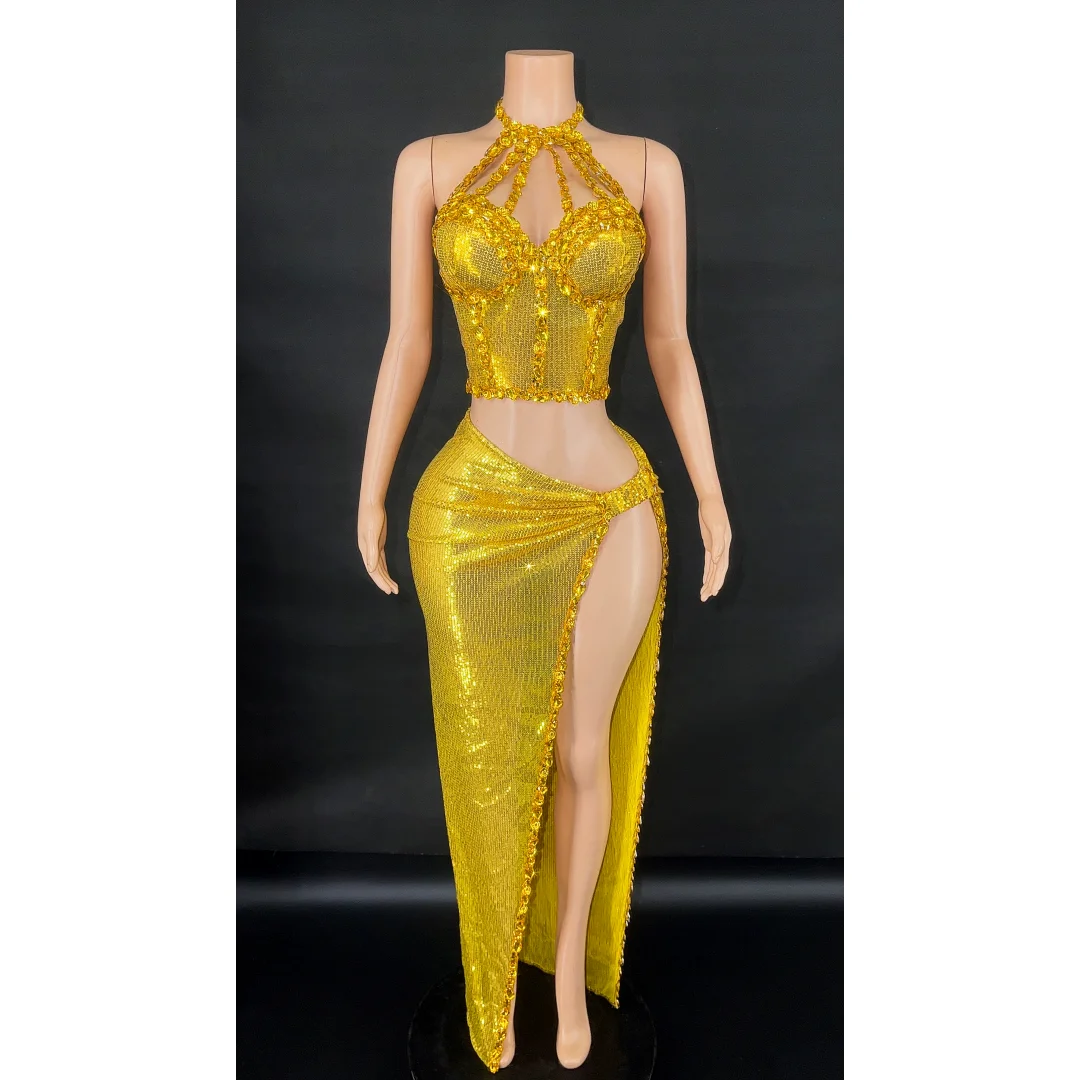 Sparkly Diamonds Sequin Long Skirt Sets Women Sexy Evening Prom Birthday 2PCS Dress Suit Club Celebrate Festival Stage Outfit