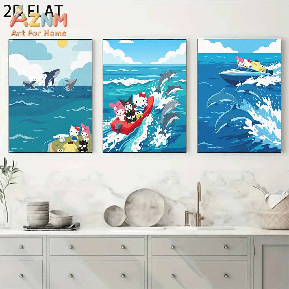 AZNM Sanrio Hello Kitty Friends Ocean Adventure Canvas Wall Art Unframed Cute Cartoon Dolphin Whale Sea Trip Painting Kids Home