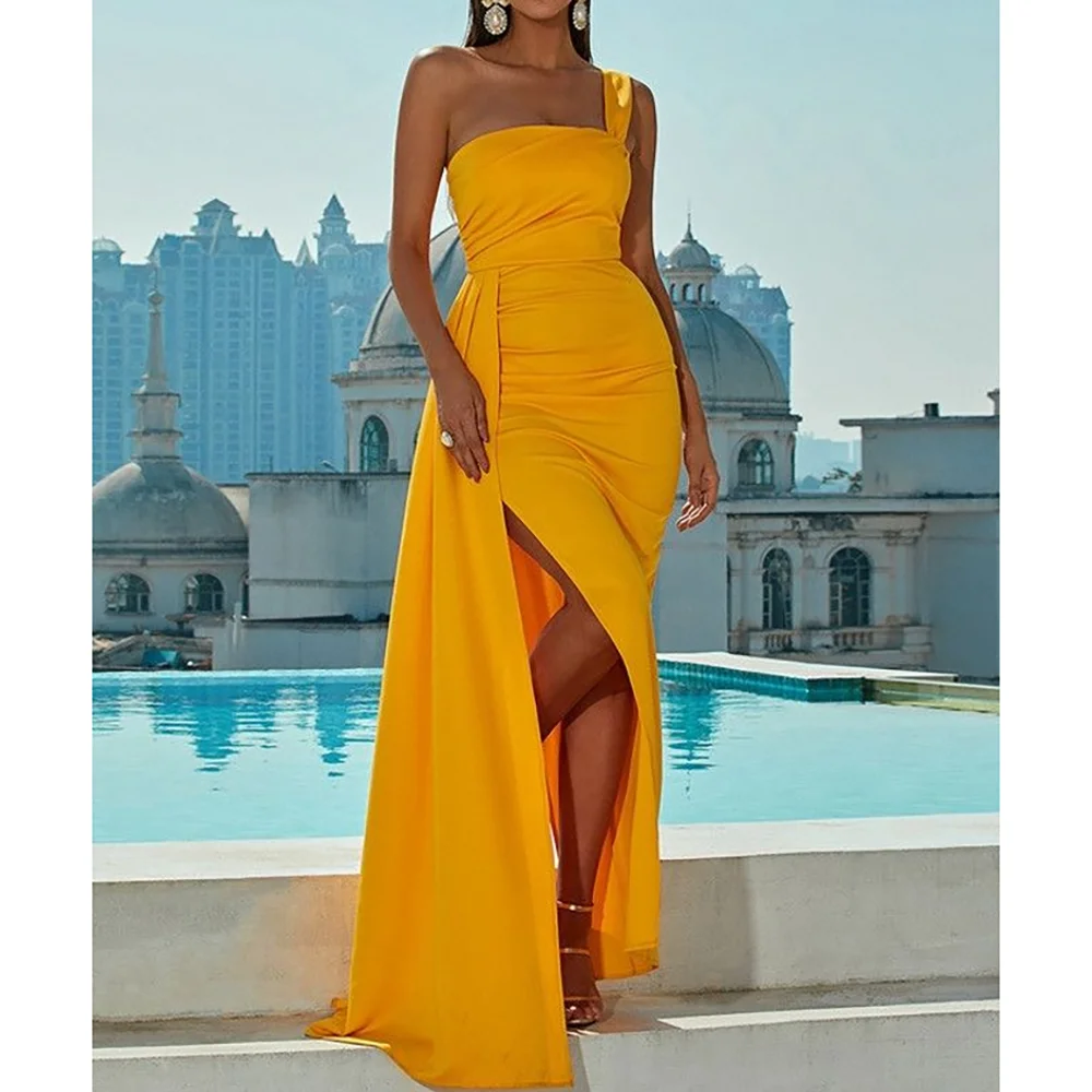 

Elegant Vintage Sweet Yellow One Shoulder Maxi Dress For Women Bodycon Party Elegant Outfits Birthday Evening 2025 Summer
