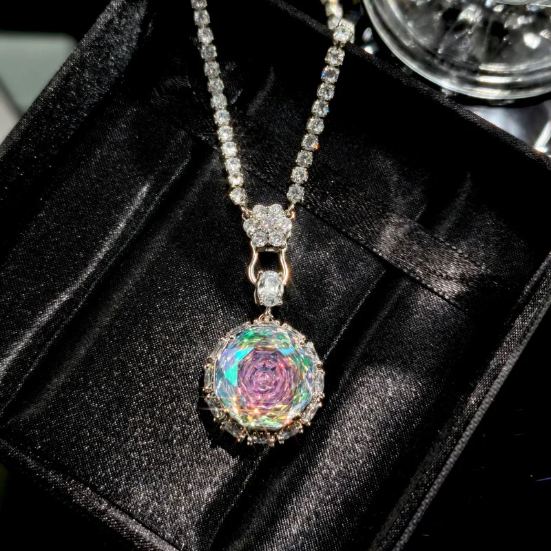 Large Carat Rose Cut Colorful Zircon Necklace Earrings Ring Three-Piece Set for Women High-End Elegant Date Gift