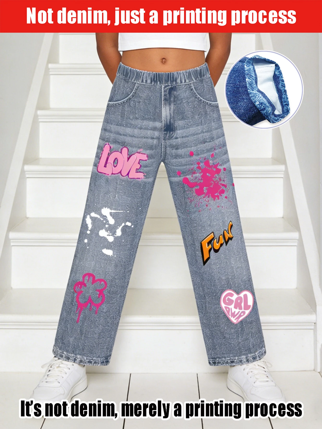 2026 children's light blue imitation denim trend graffiti text straight-leg pants