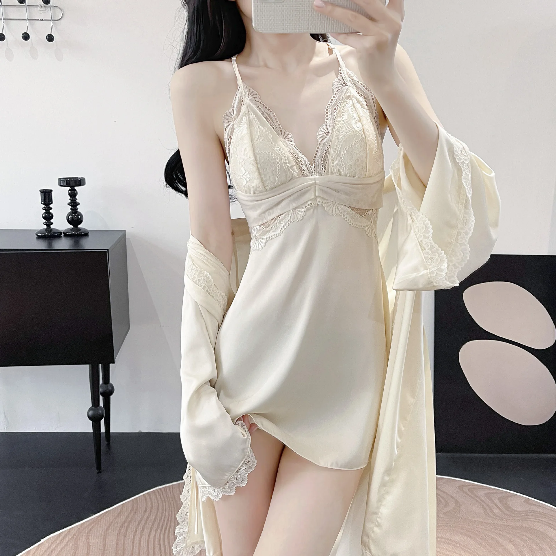 2026 Summer New Ice Silk Strap Sleepwear Women Sexy Simulation Silk Robe Two-Piece Set Breathable Comfortable Casual